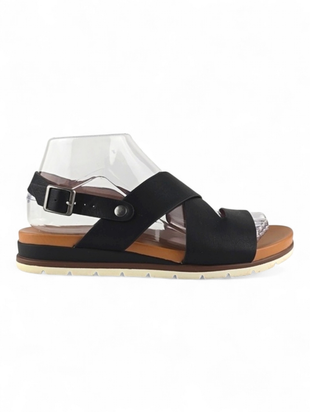 White Mountain Women's Black Faux Leather Wedge Sandals Adjustable Back Strap 7M